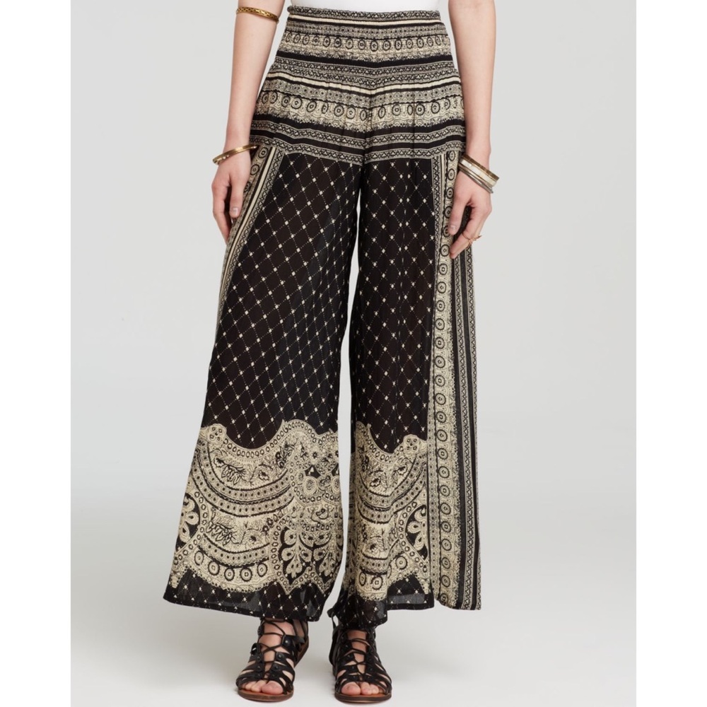 Free People Black and Cream Wide Leg Printed Pants
